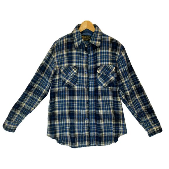 Kmart Other - Vintage 80s Kmart Plaid Wool Flannel Shirt M 38-40 Blue, White, Black Plaid